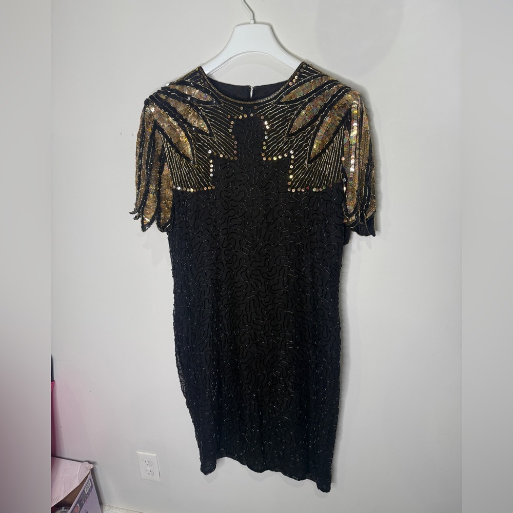 Vintage Black Dress with Gold Sequin Detail!